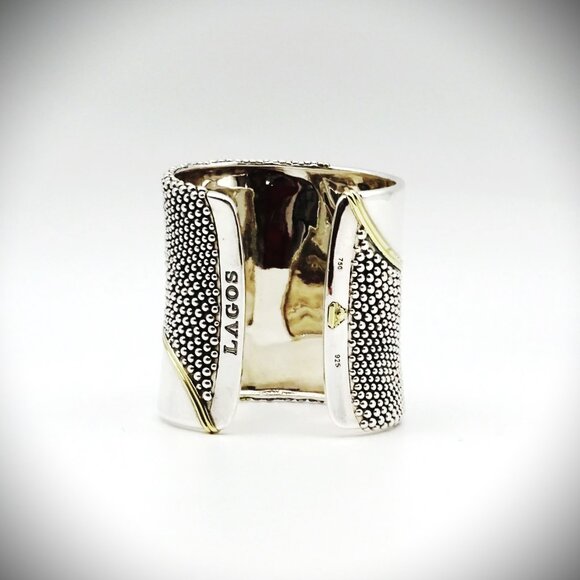 LAGOS Caviar Collection Sterling Silver Cuff 18K Gold Cuff Bracelet 199.9 Grams - Picture 11 of 13